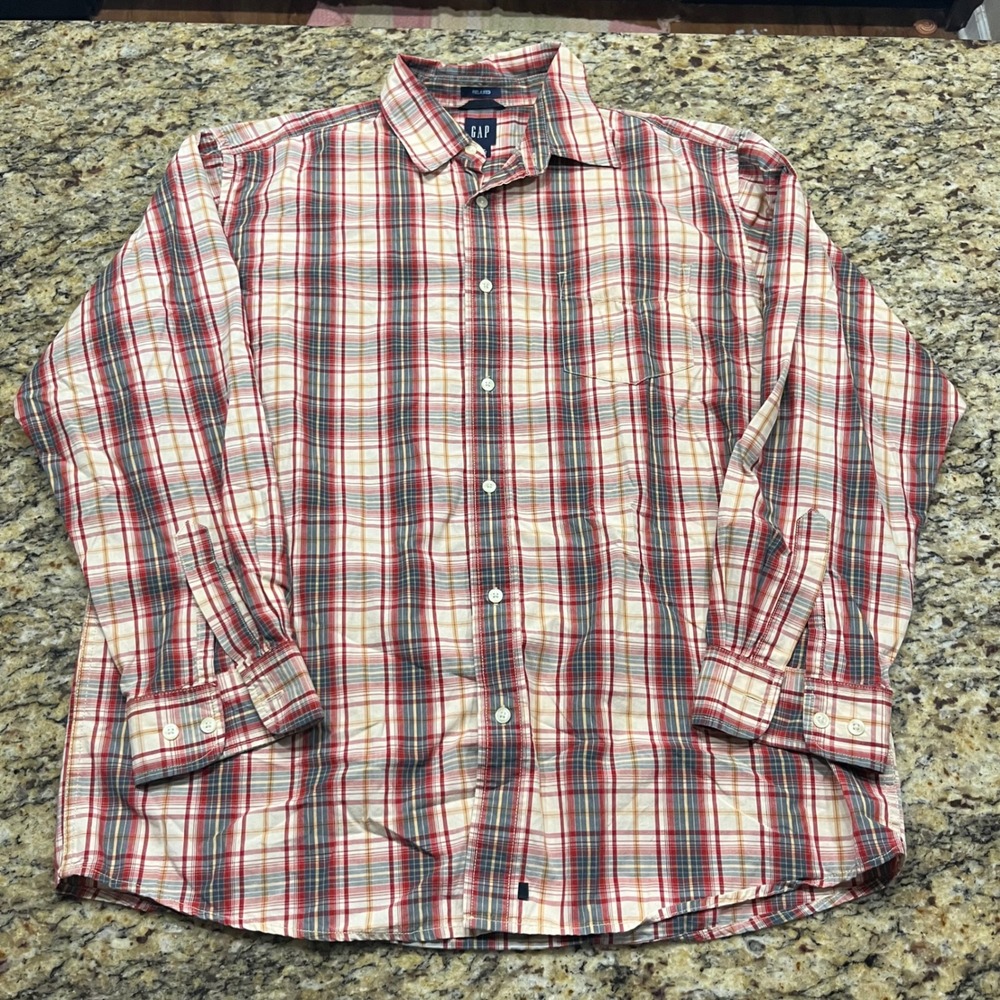 GAP Mens Relaxed Fit Plaid Button Down Shirt Red Blue Cream Large L Long Sleeve